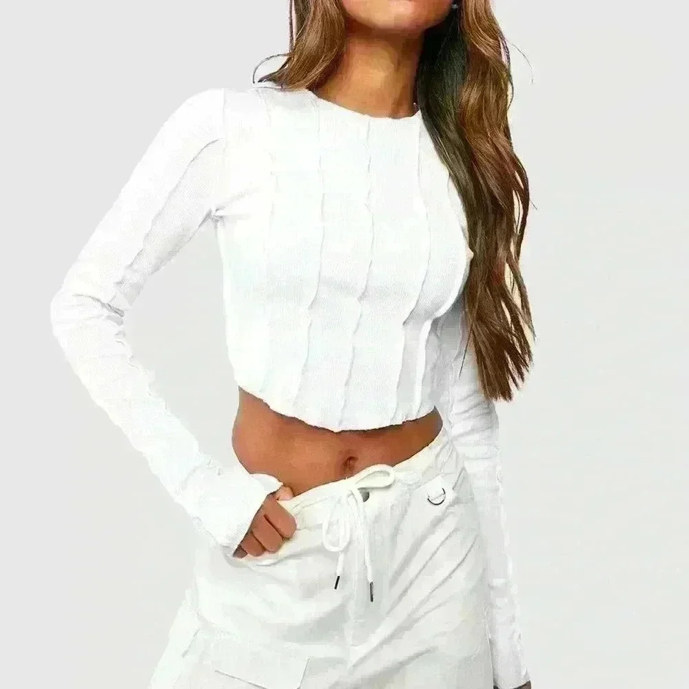 NWOT BOOHOO EXPOSED SEAM RIBBED LONG SLEEVE CROP TOP